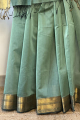 Verdant Majesty Green Maheshwari Silk Saree with Double Chatai Border