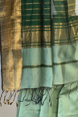 Verdant Majesty Green Maheshwari Silk Saree with Double Chatai Border