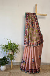 Blush Rose Kosa Silk Saree with Madhubani Peacock Design