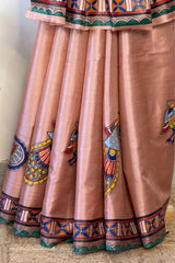 Blush Rose Kosa Silk Saree with Madhubani Peacock Design