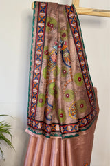 Blush Rose Kosa Silk Saree with Madhubani Peacock Design