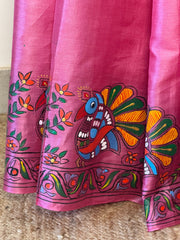 Enchanted Pink Kosa Silk Saree with Madhubani Peacock Design