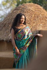 Majestic Green Kosa Silk Saree with Madhubani Fish Motifs