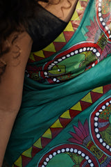 Majestic Green Kosa Silk Saree with Madhubani Fish Motifs