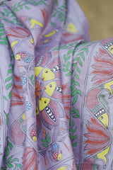 Graceful Lavender Kosa Silk Saree with Madhubani Fish Motifs