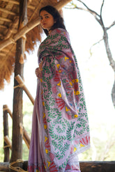 Graceful Lavender Kosa Silk Saree with Madhubani Fish Motifs