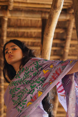 Graceful Lavender Kosa Silk Saree with Madhubani Fish Motifs