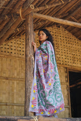 Graceful Lavender Kosa Silk Saree with Madhubani Fish Motifs