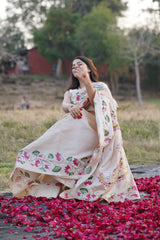 Exquisite White Kosa Silk Saree with Pichwai Lotus & Cow Motifs