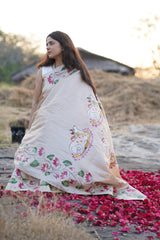 Exquisite White Kosa Silk Saree with Pichwai Lotus & Cow Motifs