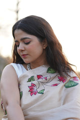 Exquisite White Kosa Silk Saree with Pichwai Lotus & Cow Motifs