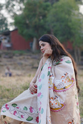 Exquisite White Kosa Silk Saree with Pichwai Lotus & Cow Motifs