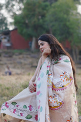 Exquisite White Kosa Silk Saree with Pichwai Lotus & Cow Motifs