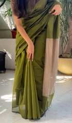 Mehndi Green Kosa Pallu Piping Saree