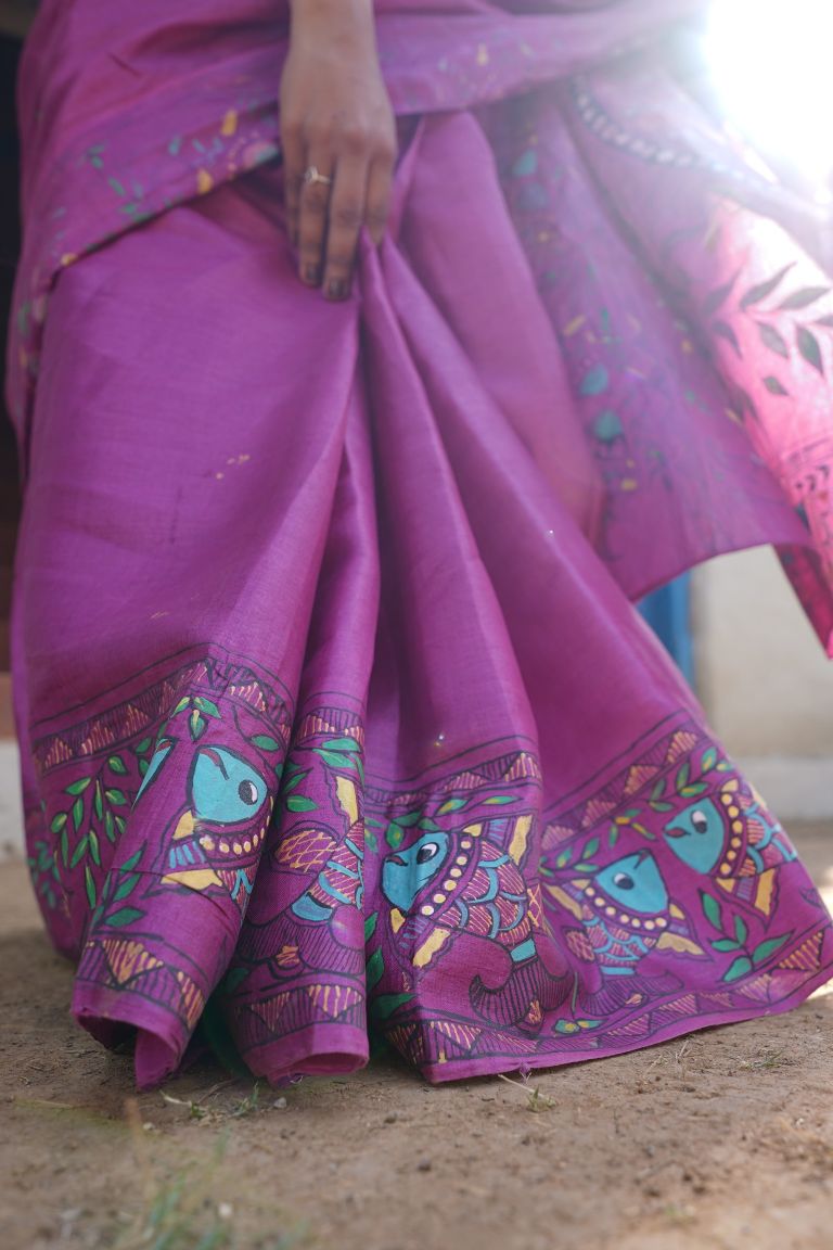 Violet Grace Kosa Silk Saree with Madhubani Fish Motifs