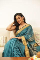Exquisite Blue Broad zari checks Saree