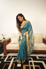 Exquisite Blue Broad zari checks Saree