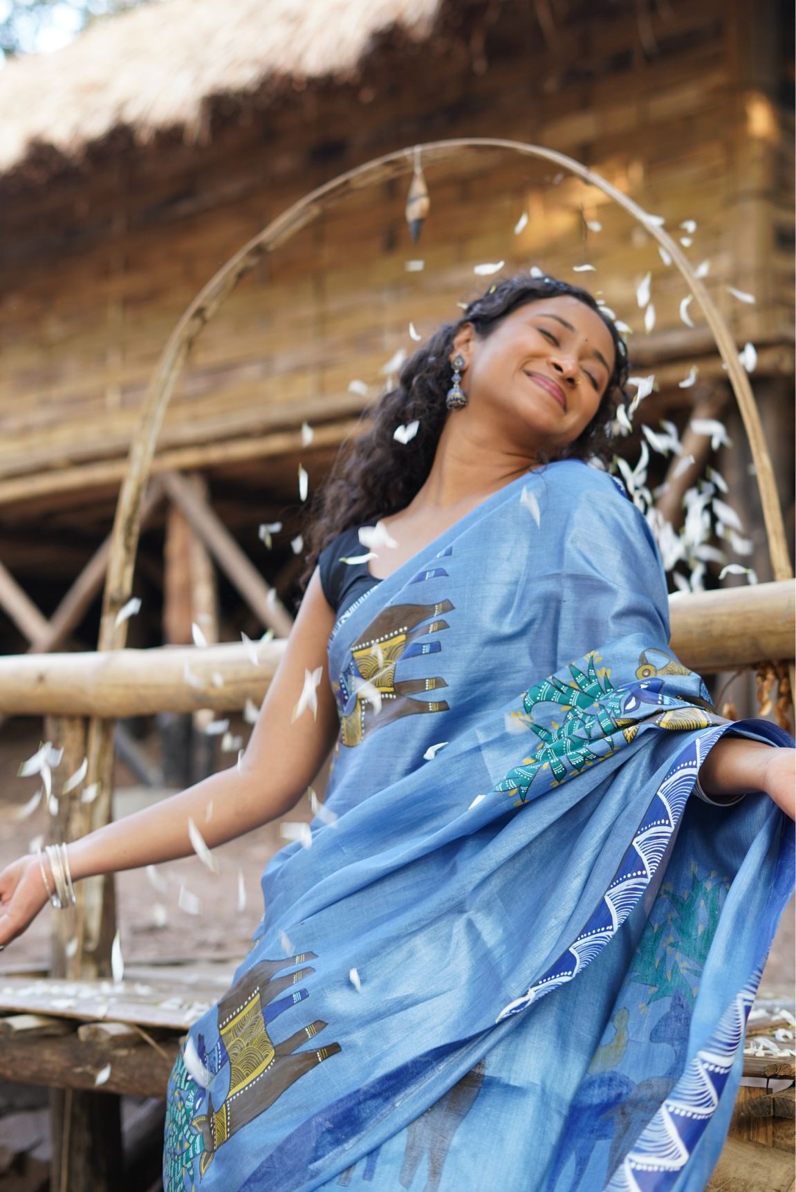 Royal Navy Kosa Silk Saree with Gond Art Deer Design