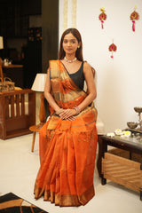 Rust Maheshwari Tissue heavy pallu Silk Saree