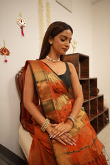 Rust Maheshwari Tissue heavy pallu Silk Saree