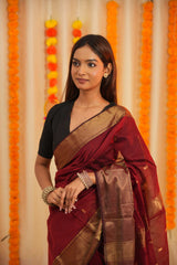 Regal Grace Maroon Maheshwari Silk Saree with Heavy Border & Phool Booti