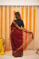 Regal Grace Maroon Maheshwari Silk Saree with Heavy Border & Phool Booti