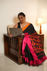 Damru Pallu Black Maheshwari Saree
