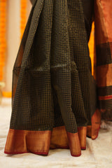 Elegant Black Broad Zari Checks Saree