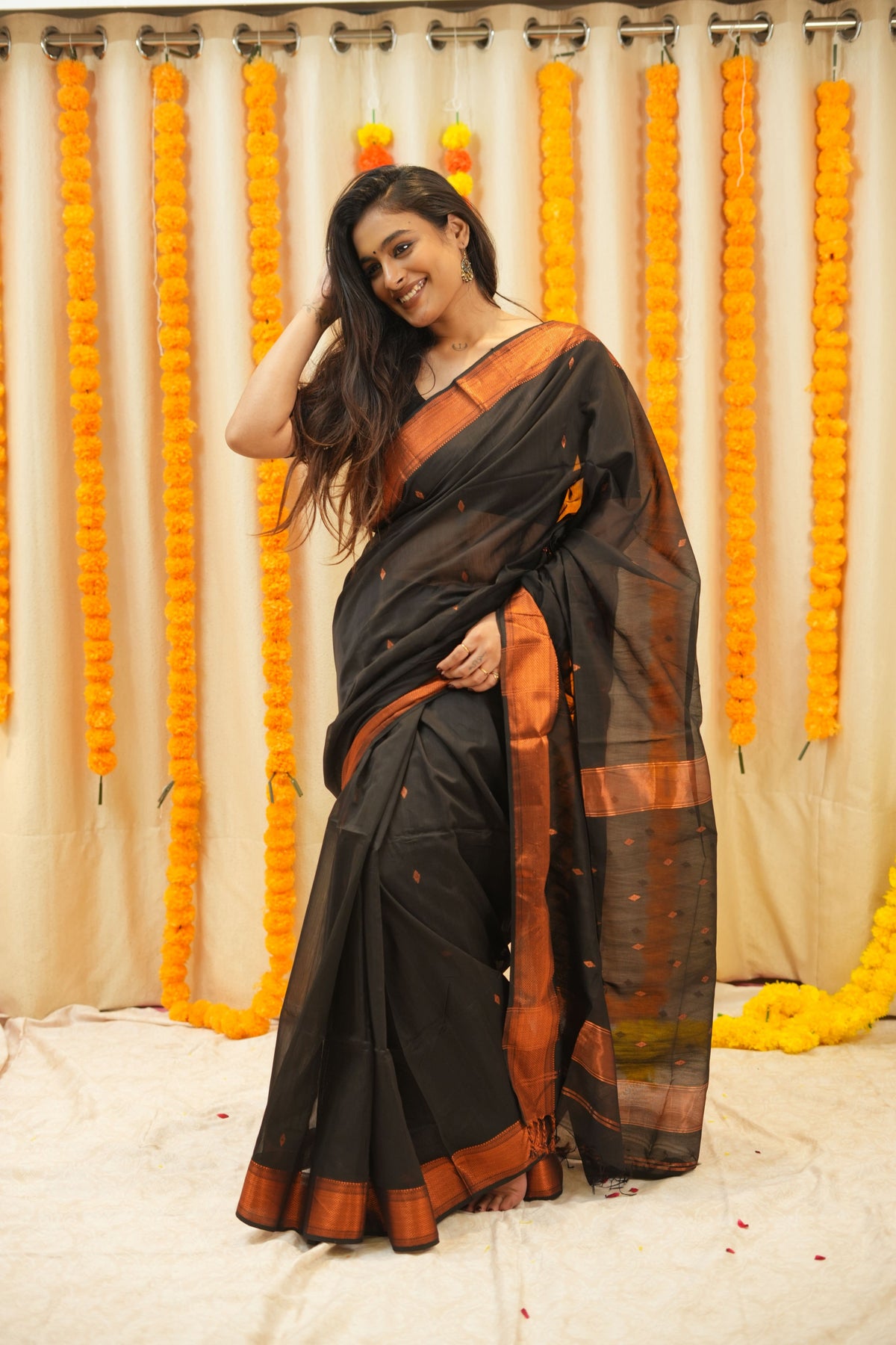 Black Copper Zari Border Saree