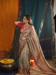Timeless Charm Grey-Red Maheshwari Silk Saree with Heavy Border & Phool Booti