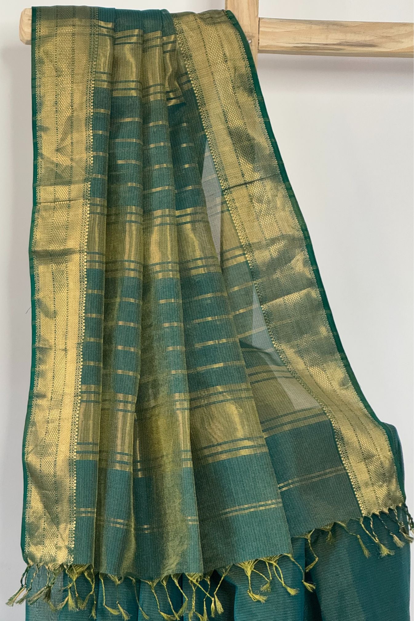 Verdant Glow Dark Green Maheshwari Silk Saree with Tissue Stripes